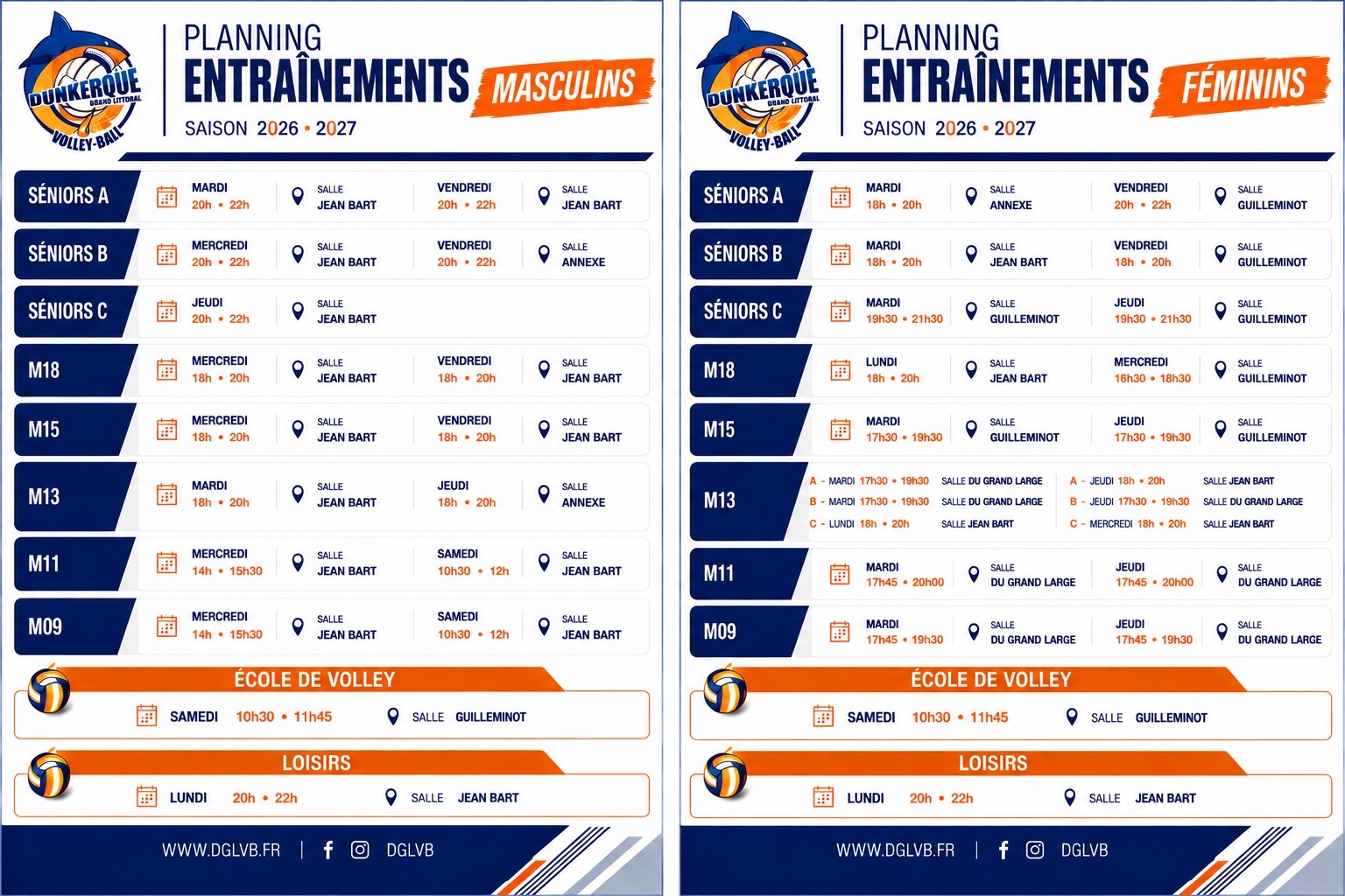 Planning des entraînements 2026-2027